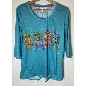 Leoma Lovegrove Shirt Top 3/4 Sleeve Blue Pink Turtle Flamingo Large Petite